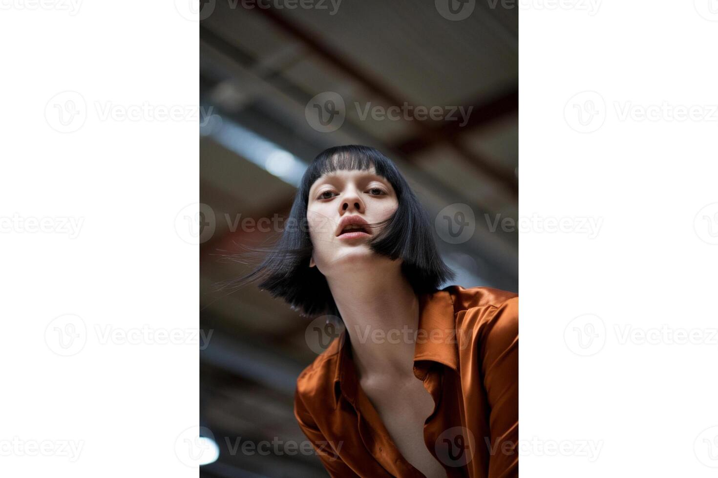 Portrait of a woman with a bob haircut and orange shirt looking up at the camera photo