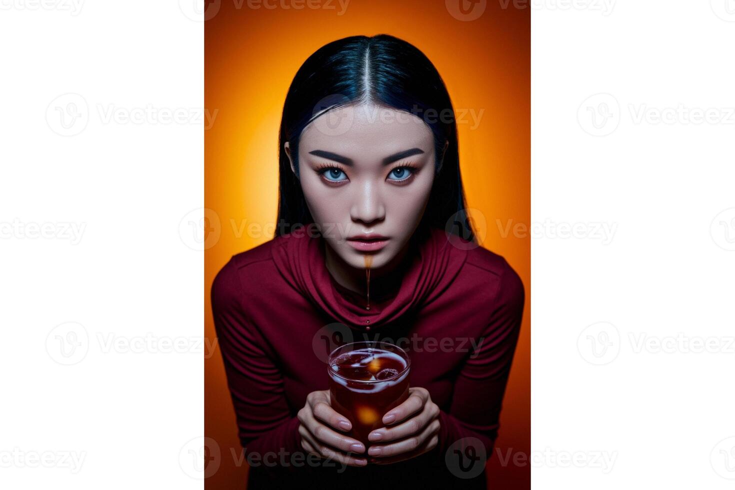 Portrait of a woman with blue eyes holding a glass of a dark beverage with ice cubes photo