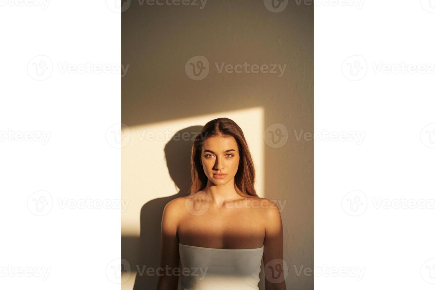 Portrait of a woman with brown hair and green eyes in sunlight against a wall photo