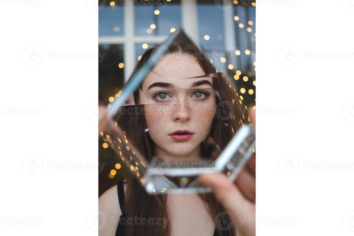 A woman holding a prism in front of her face with lights in the background near her photo