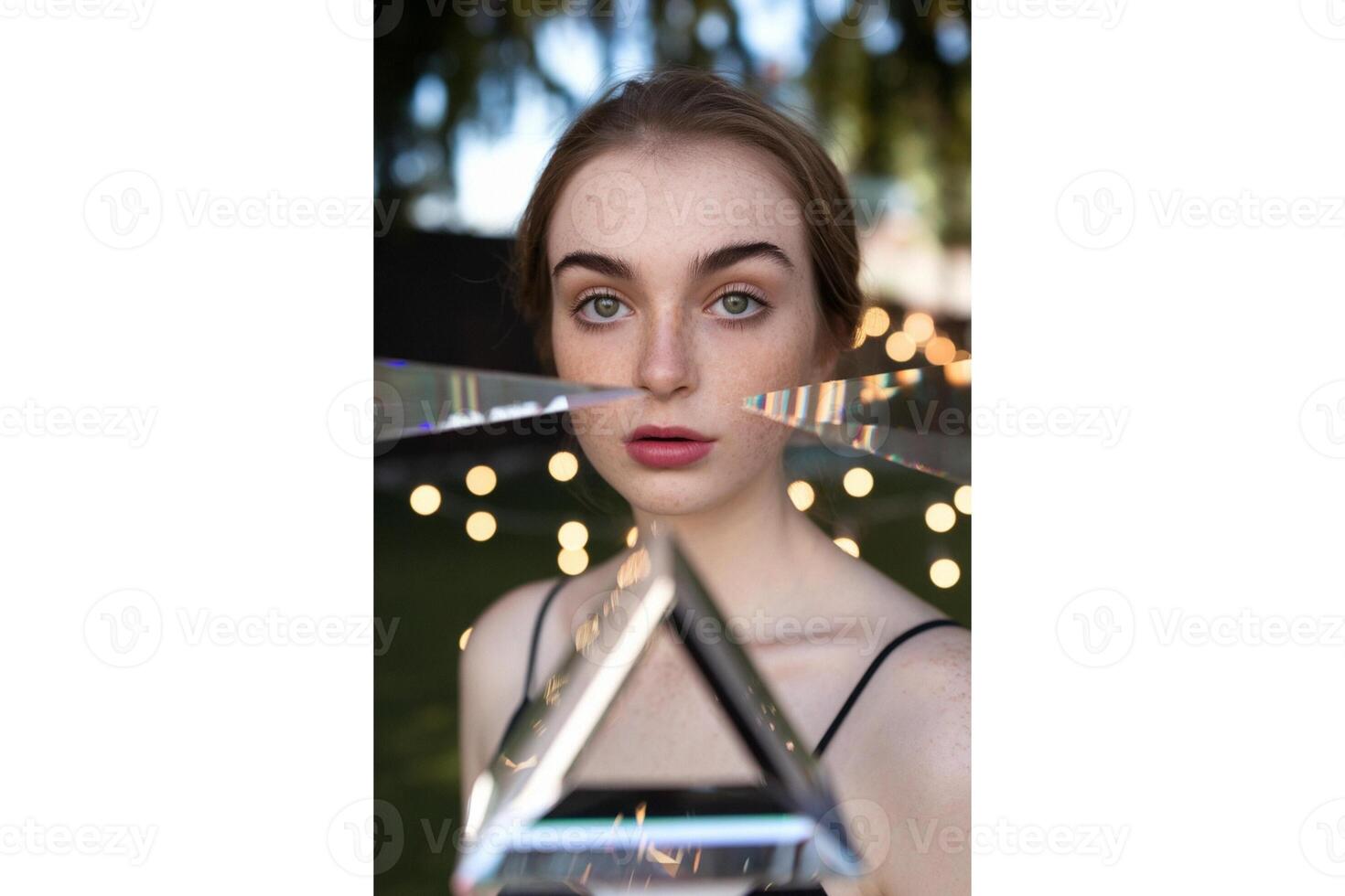 Portrait of a woman holding a prism in front of her face with bokeh background photo