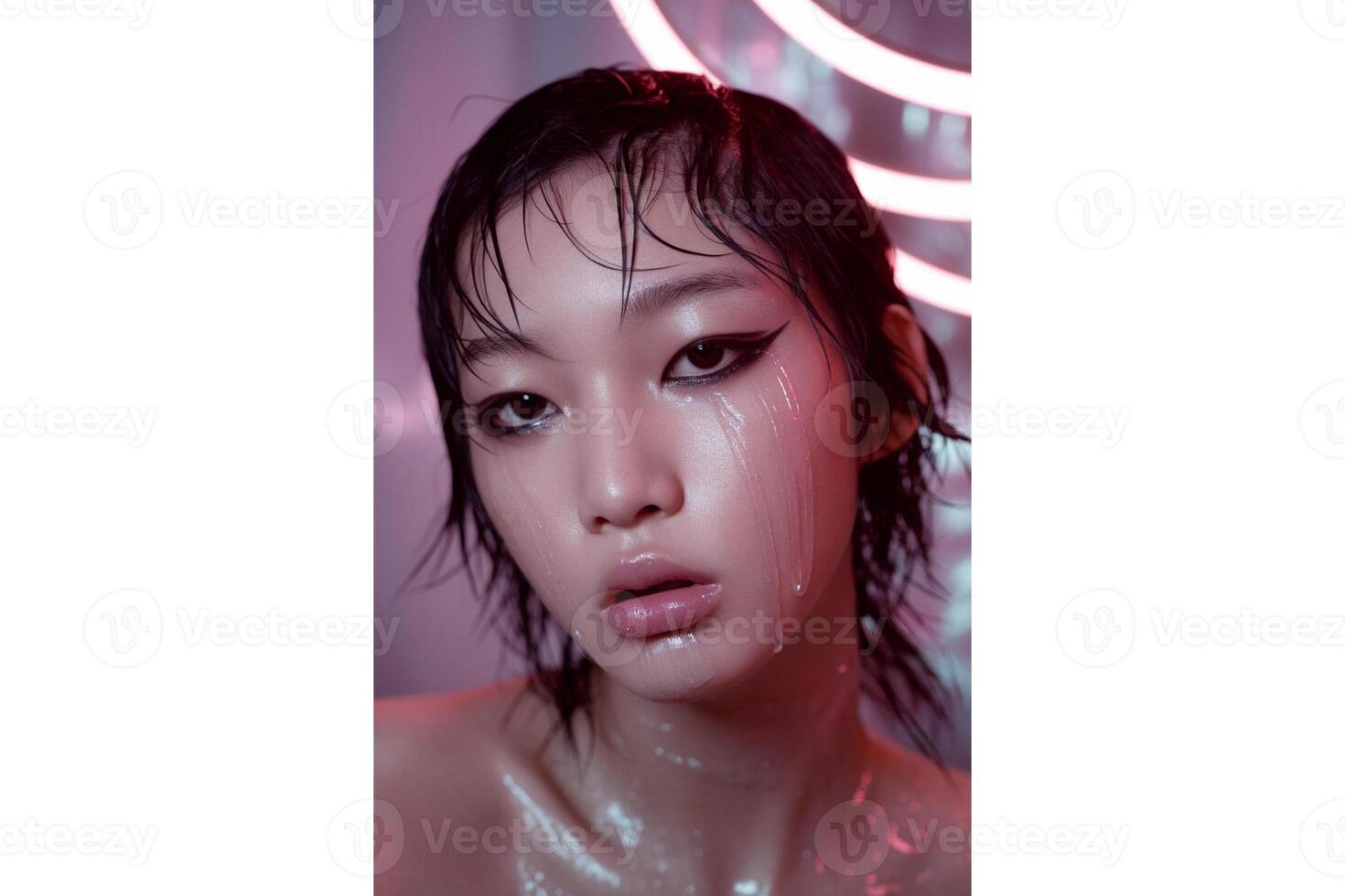 Close up of a woman with wet hair and dramatic eyeliner in a pink lit setting photo