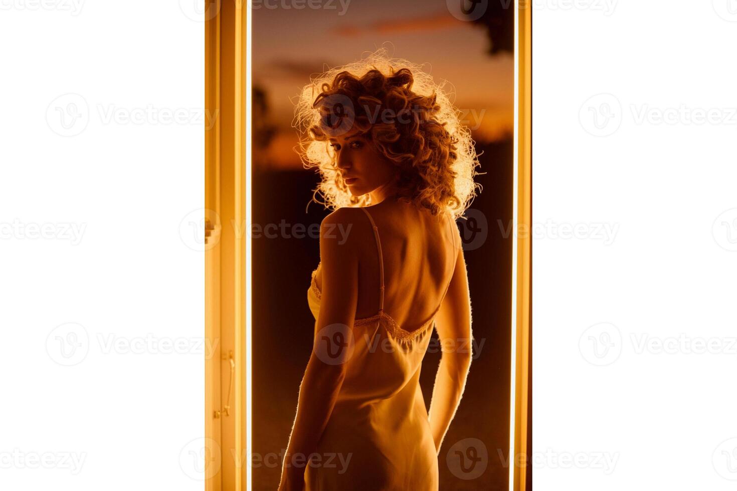 Woman with curly hair looking back in a dress in front of a sunset background photo
