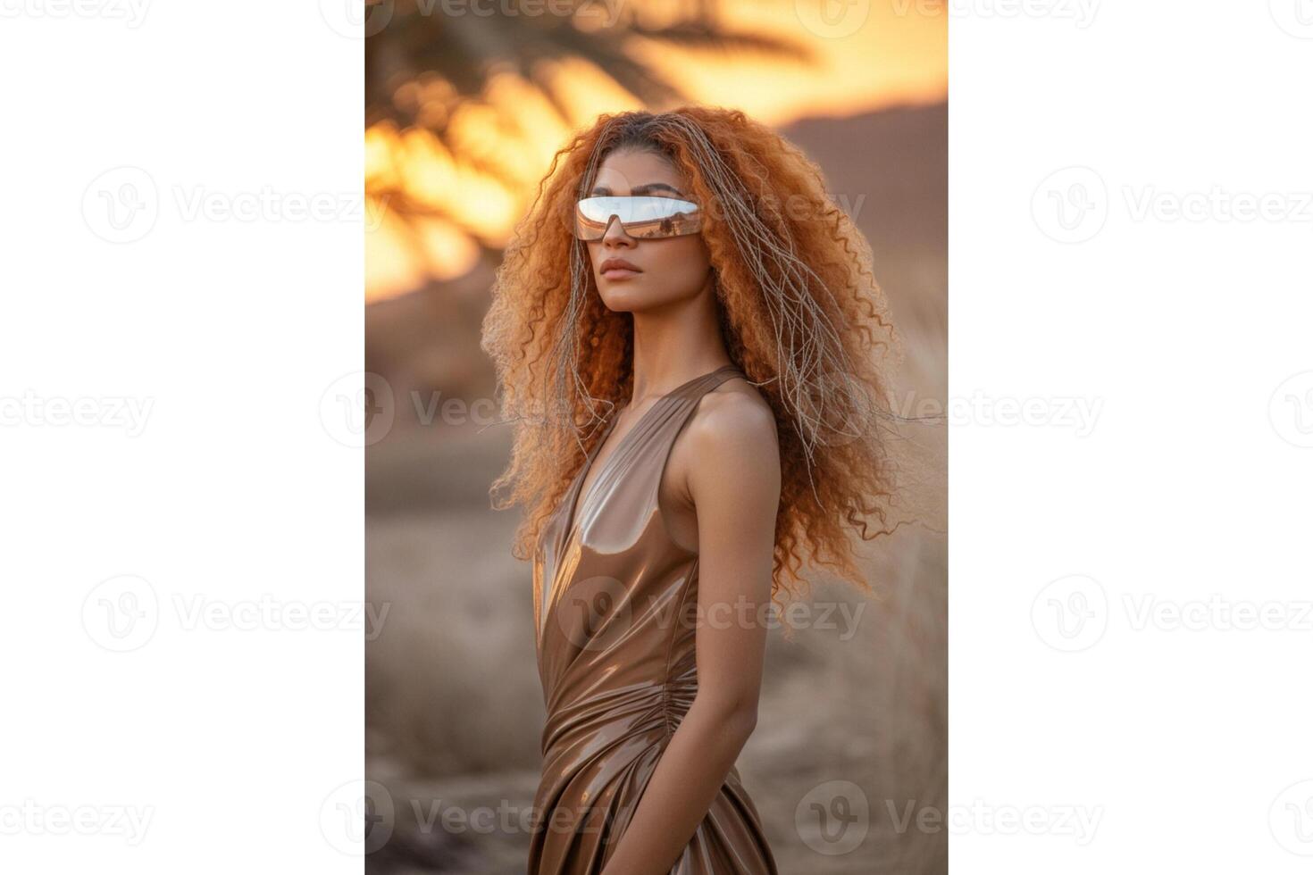 Woman with curly hair and futuristic sunglasses in a gold dress outdoors at dusk photo