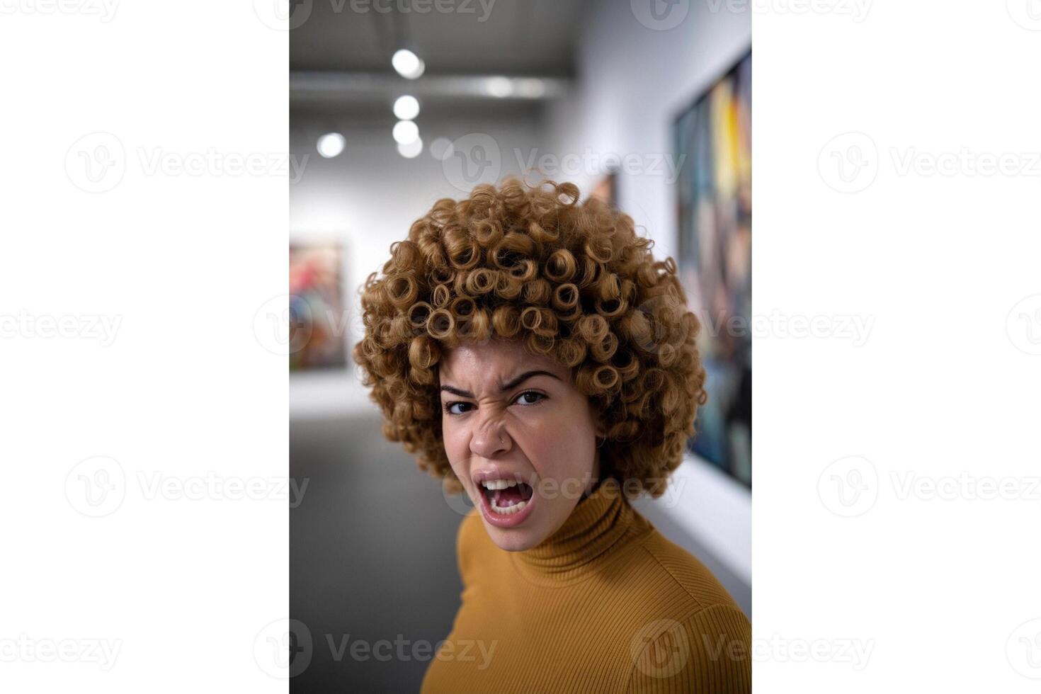 A woman with curly hair and mustard turtleneck making an angry expression at viewer photo