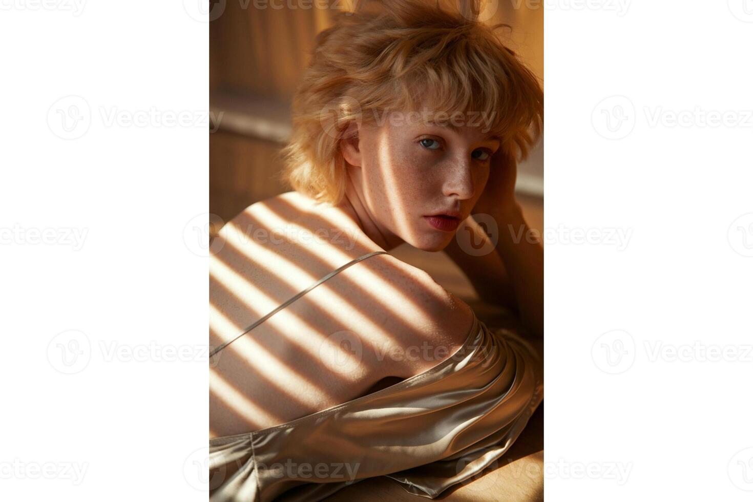 Portrait of a blonde woman with window blind shadows on her shoulder and back photo