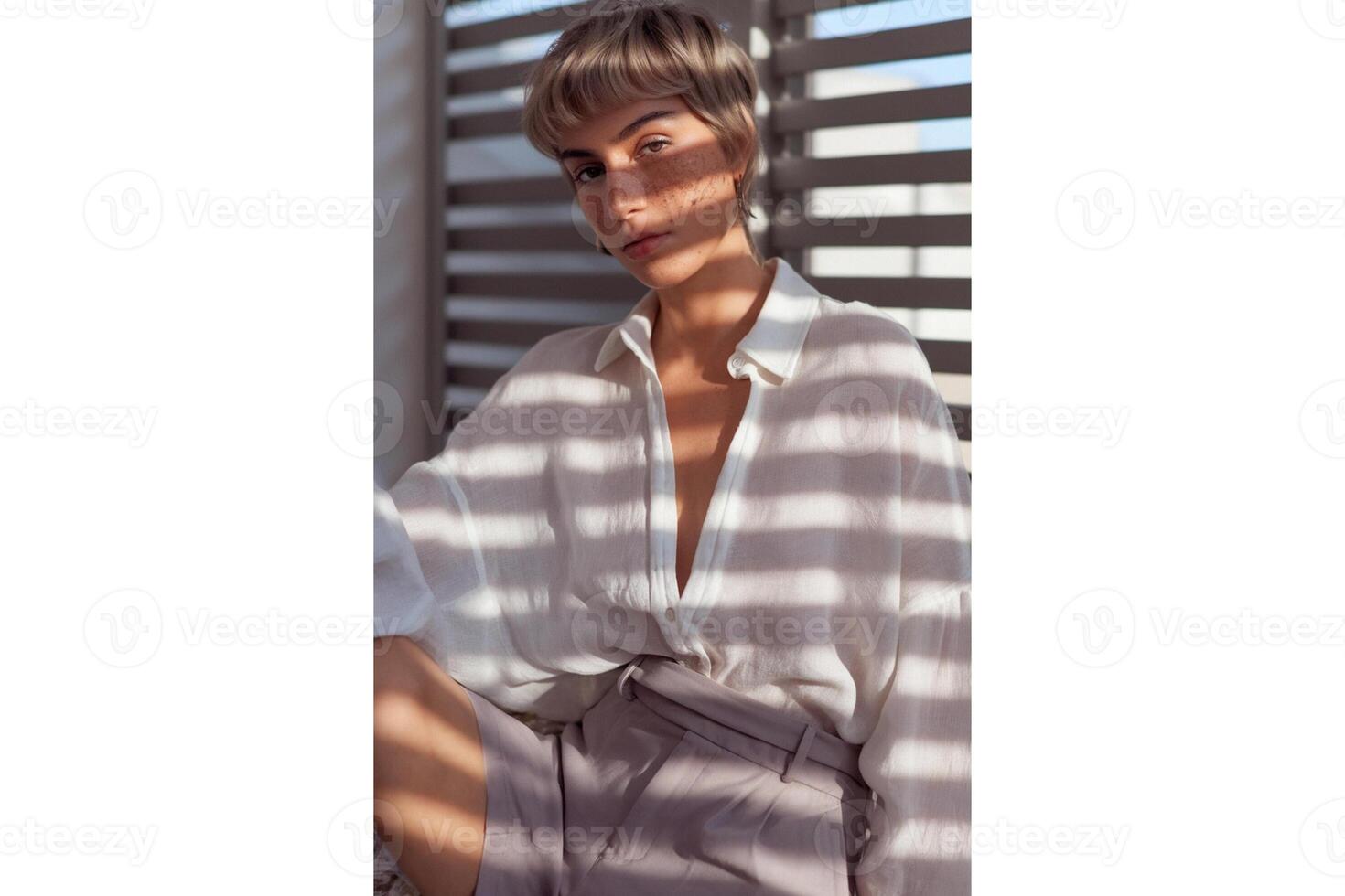 Woman with short blonde hair wearing a white shirt with window light stripes on her photo