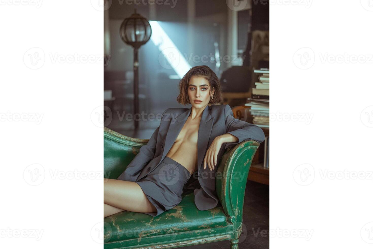 Woman in grey suit jacket and shorts on green vintage chaise lounge indoors studio photo