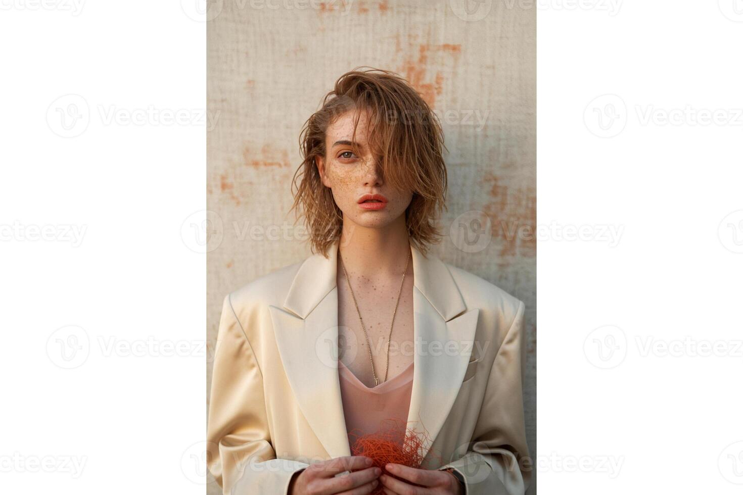 Portrait of a woman with freckles wearing a blazer and holding red dried flowers photo