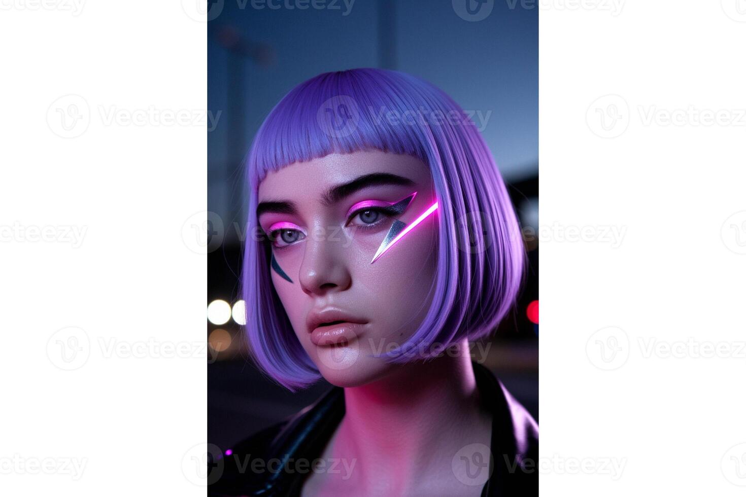 Portrait of a woman with purple hair and futuristic makeup with neon accents photo
