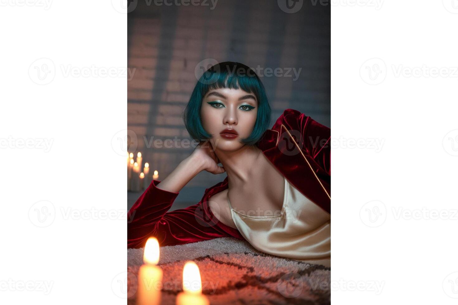 Woman with teal hair and red velvet jacket poses with candles in soft lighting photo