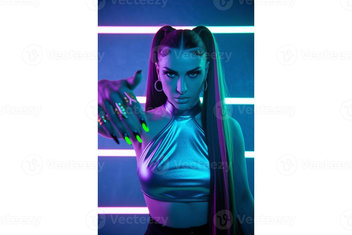 Woman with neon nails and silver top posing in front of neon lights looking down photo