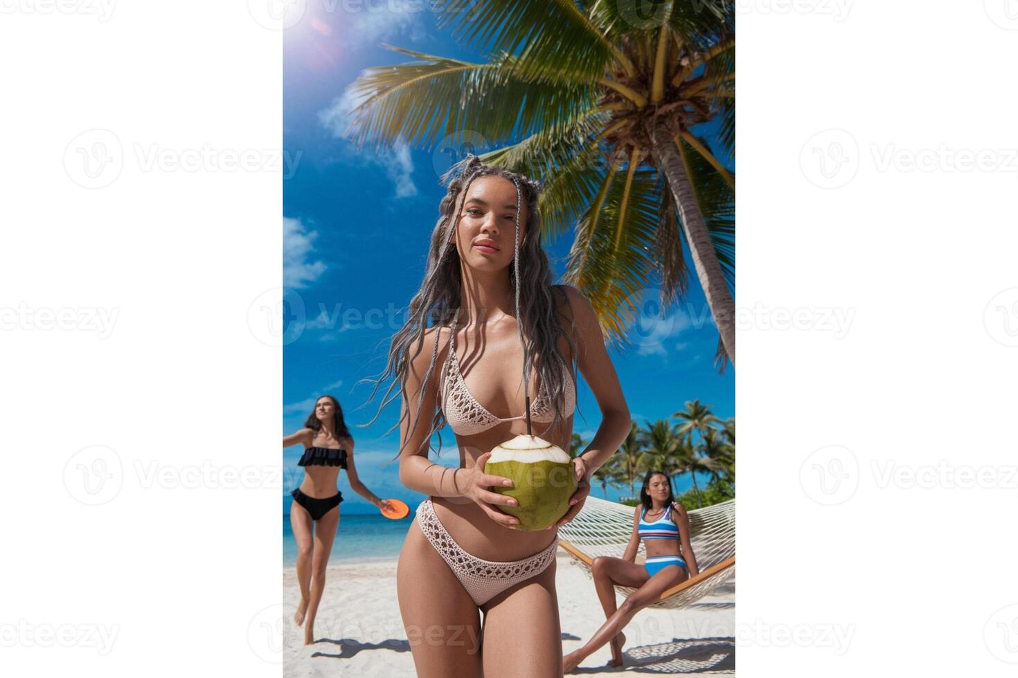 Woman holding coconut on beach with palm trees and women in swimwear on vacation photo