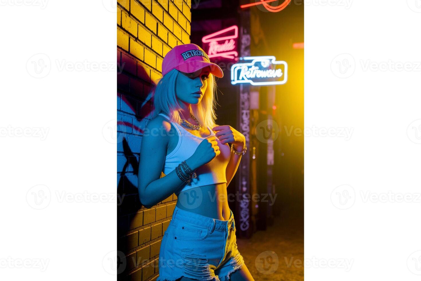 A woman in a pink hat and white top posing against a brick wall with neon lights photo