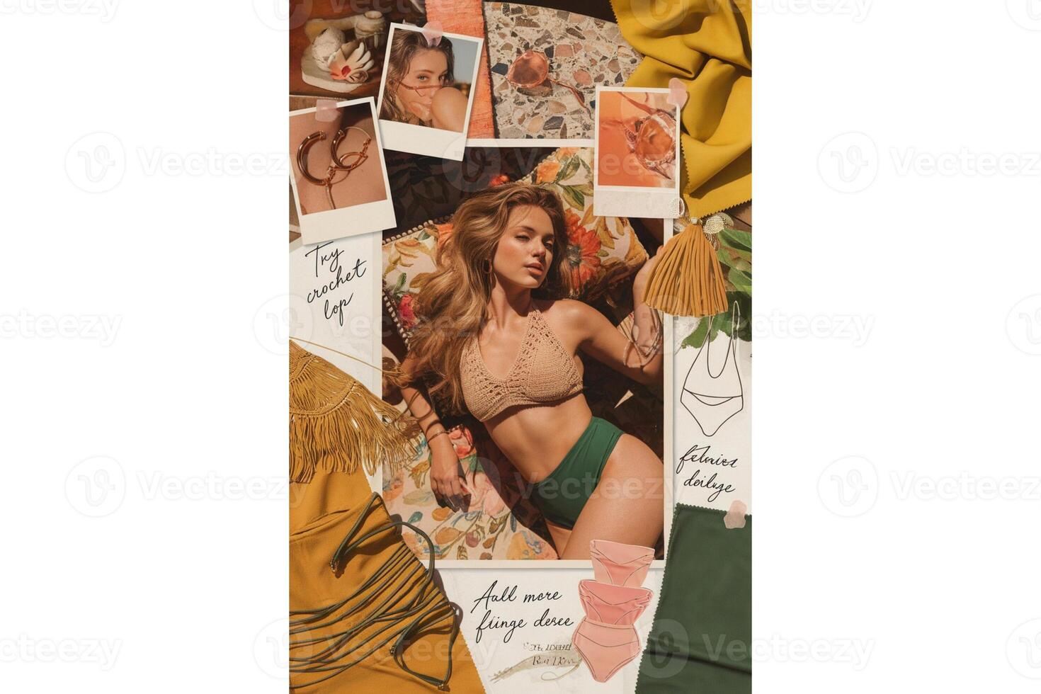 Woman in crochet top and green bottoms surrounded by fashion design elements photo