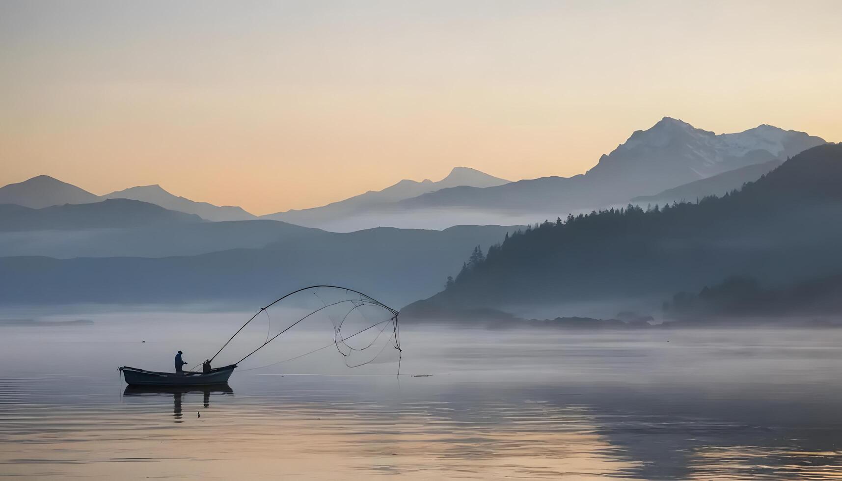 Fisherman casting net in tranquil misty lake at dawn with mountains photo