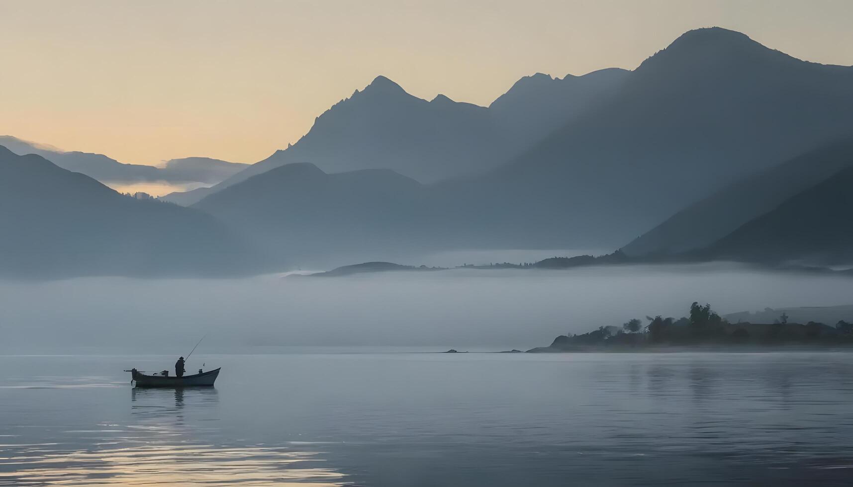 Fisherman on a boat in misty lake with mountain backdrop at dawn photo
