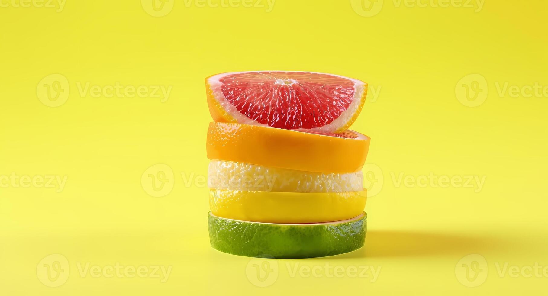 A stack of sliced citrus fruit on a yellow background photo