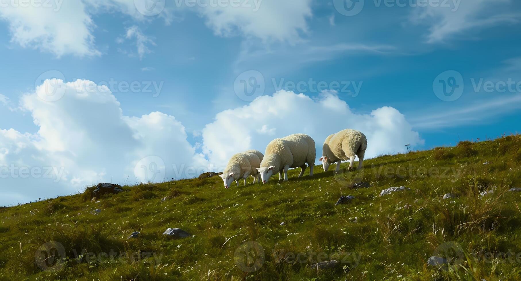 Three sheep grazing on a hillside photo