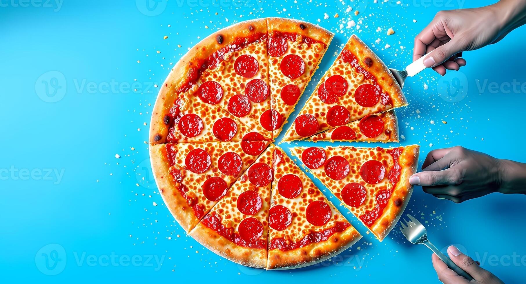A person cutting a pizza into pieces photo