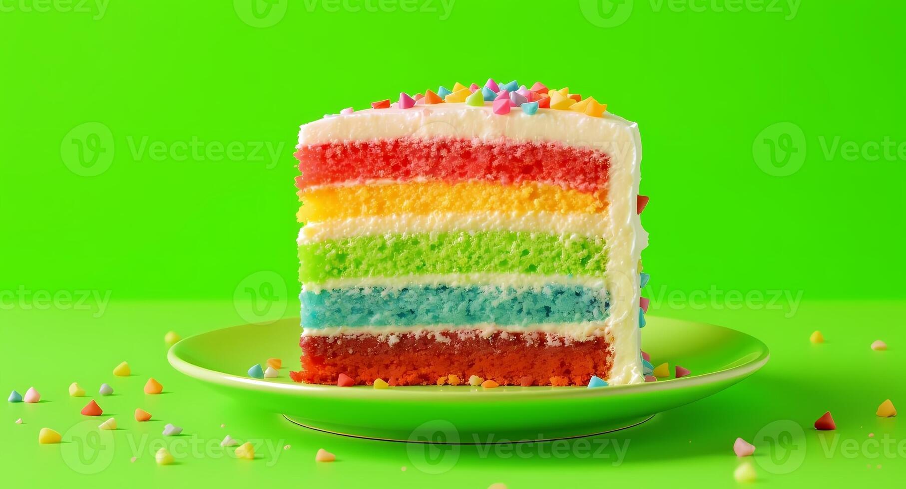 A piece of rainbow cake on a plate with sprinkles photo