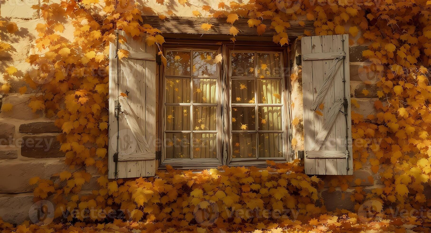 An old window with leaves on the ground photo