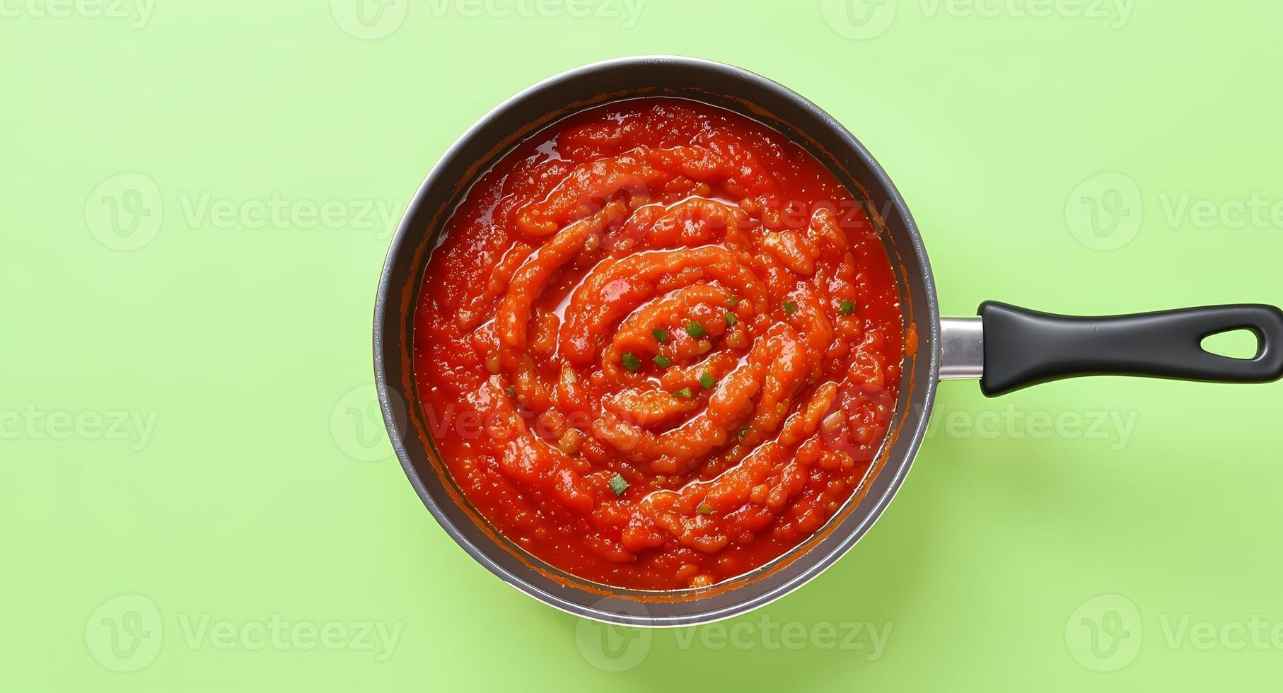 A pan filled with tomato sauce on a green background photo