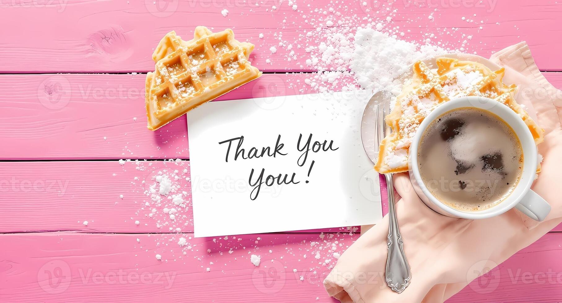 Thank you card with waffles and coffee on pink wooden table photo