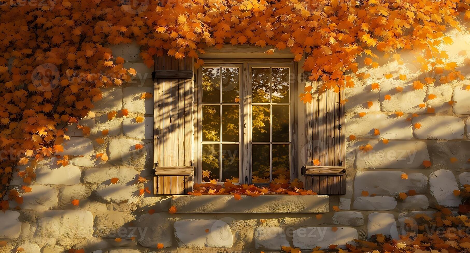 An autumn window with leaves on the wall photo