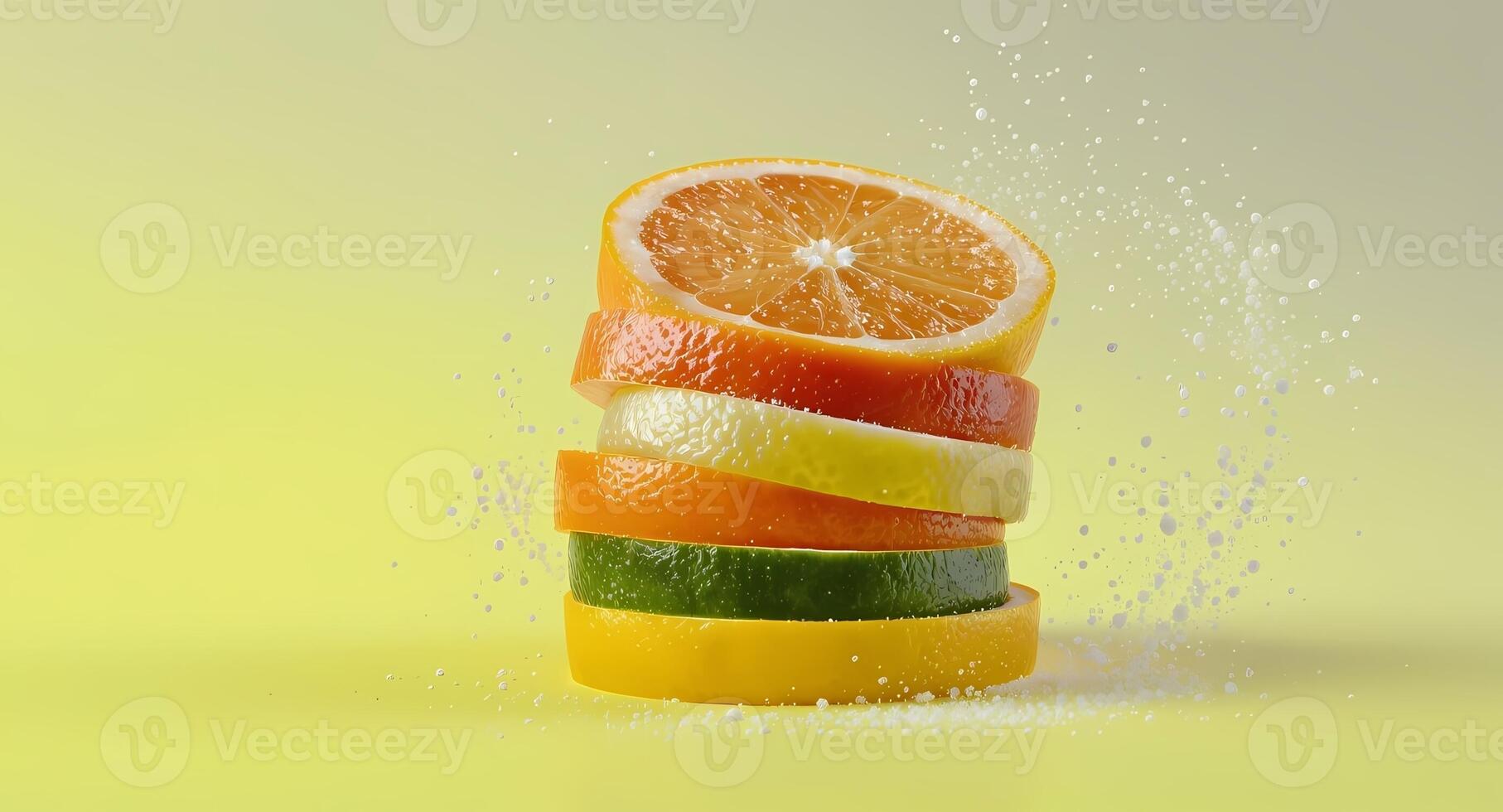 Sliced citrus fruit on yellow background photo