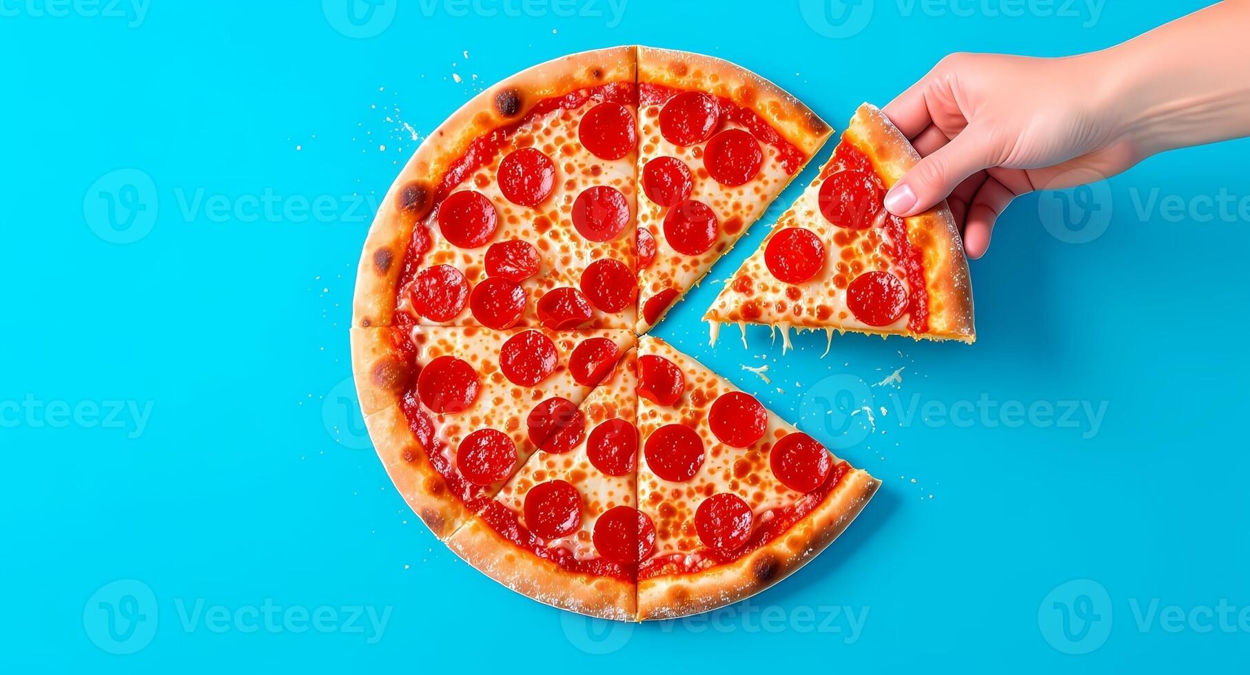 A hand taking a slice of pizza off a blue background photo