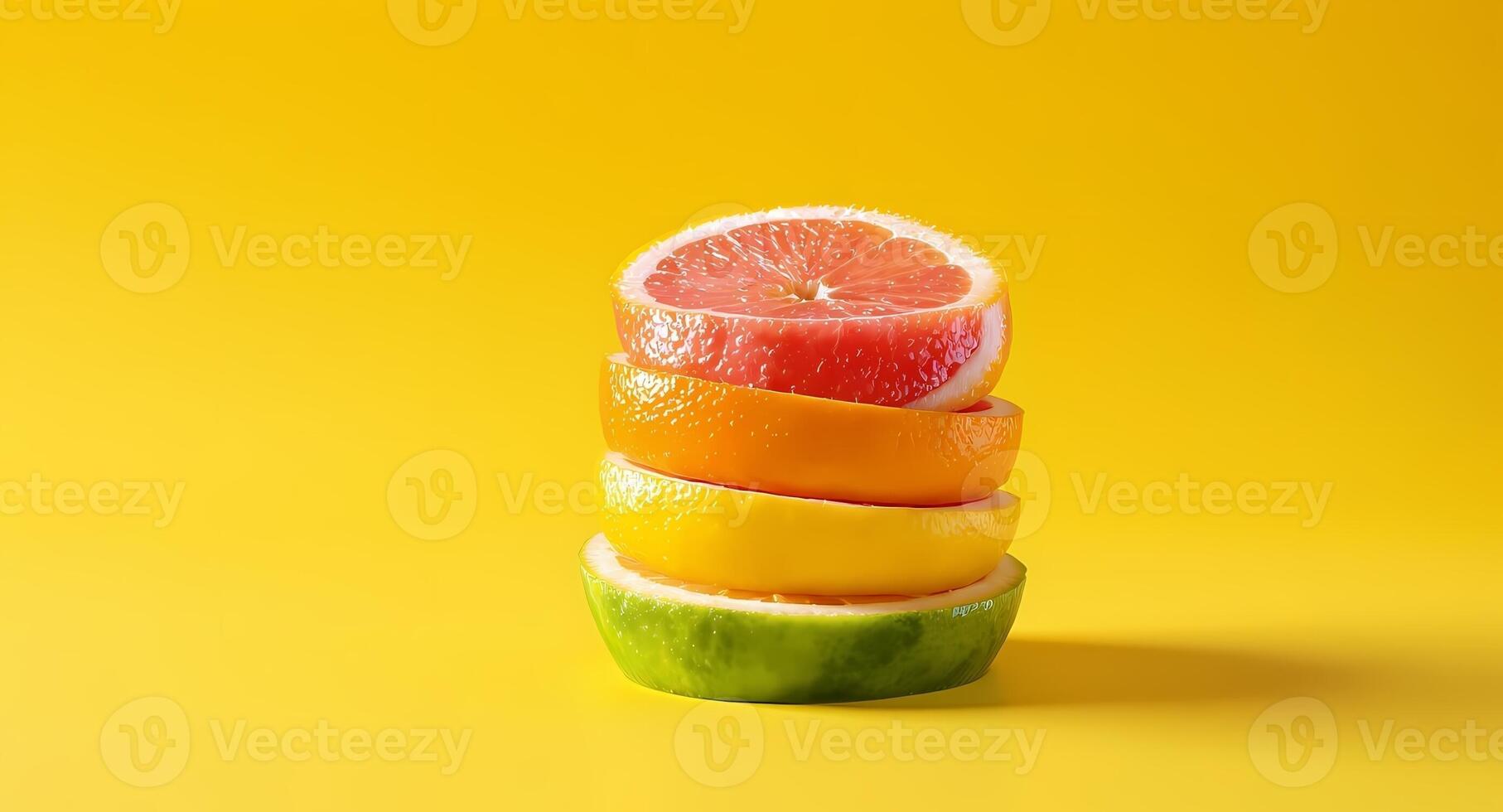 A stack of oranges and grapefruit on a yellow background photo
