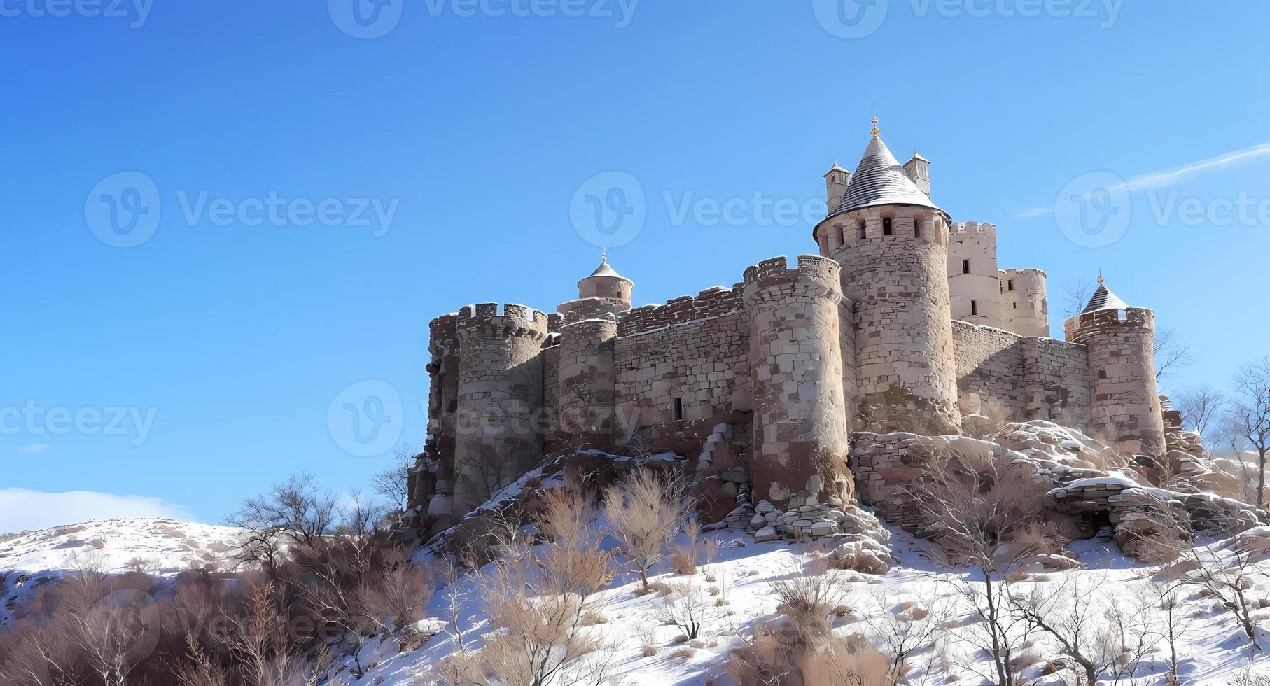 Old Castle Standing on Snowy Hill Against Blue Sky photo