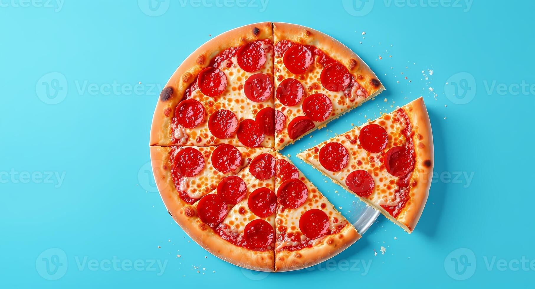 Pepperoni Pizza with Slice Removed on Blue Background photo