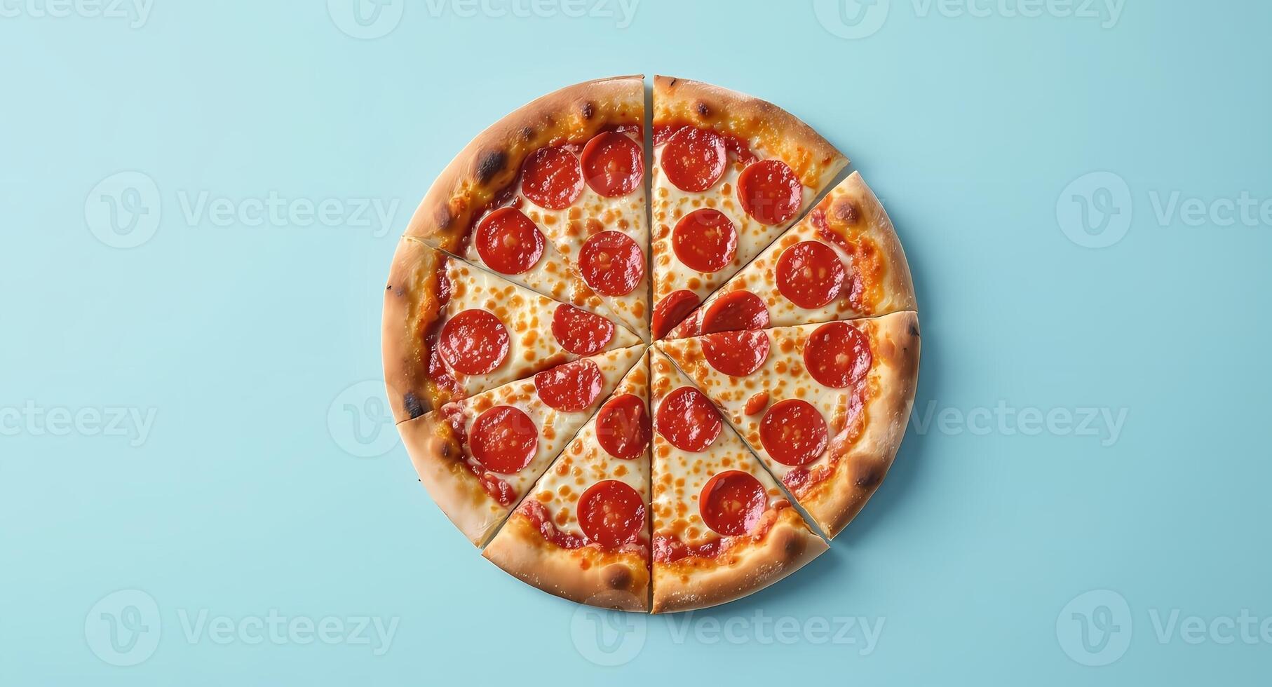 Pepperoni Pizza Slices on Light Blue Background Top View photo