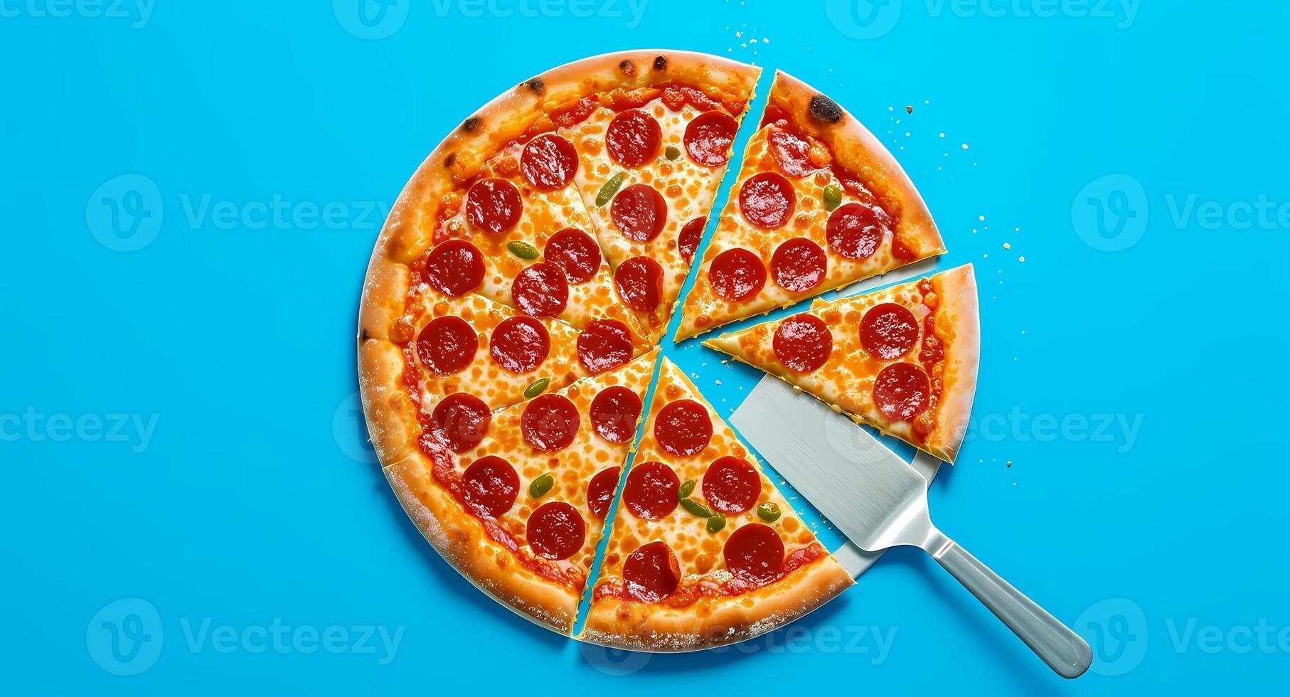 Pepperoni Pizza Being Sliced with Server on Blue Background photo