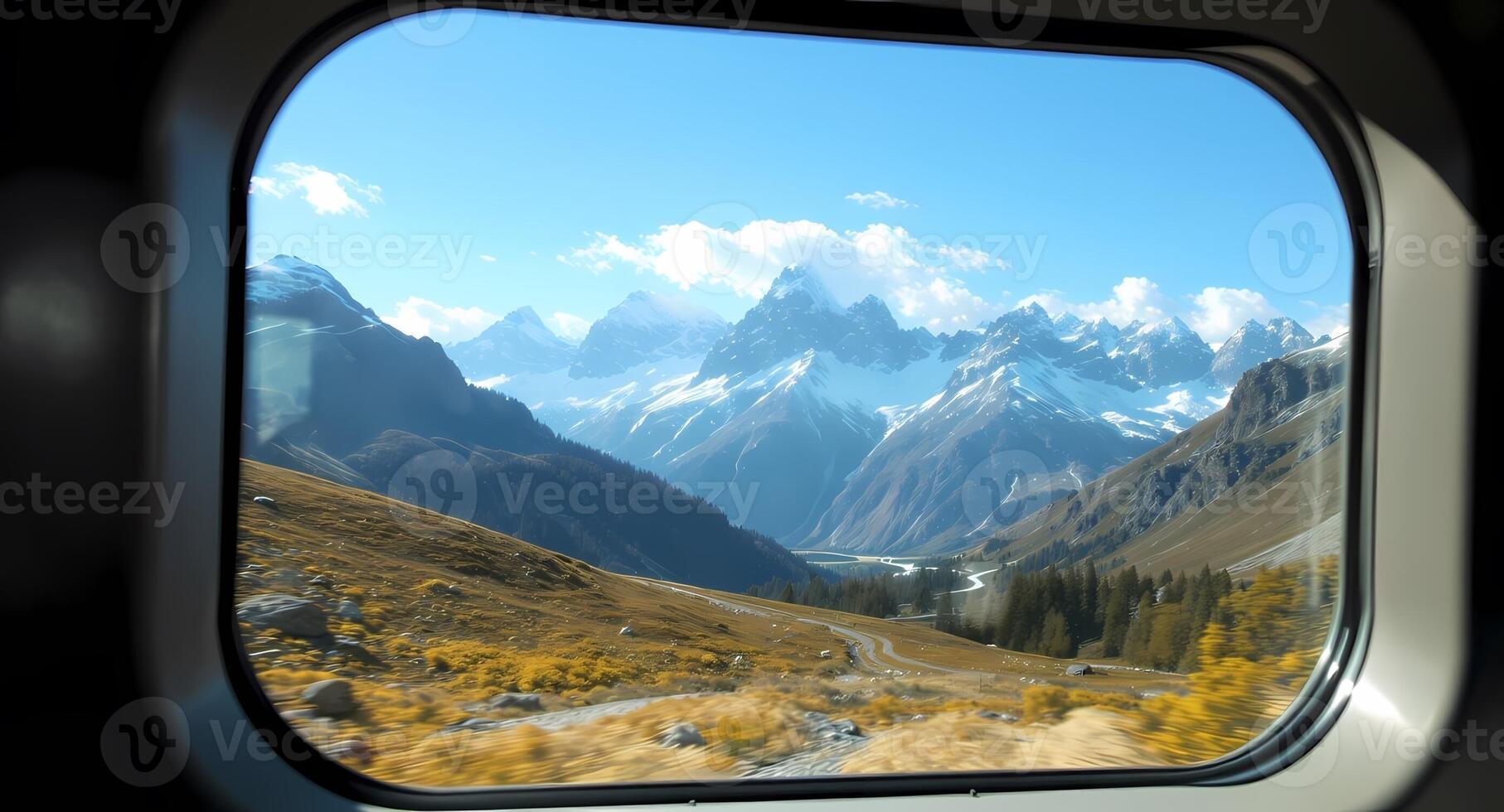 Mountain View From Train Window in Motion on Sunny Day photo