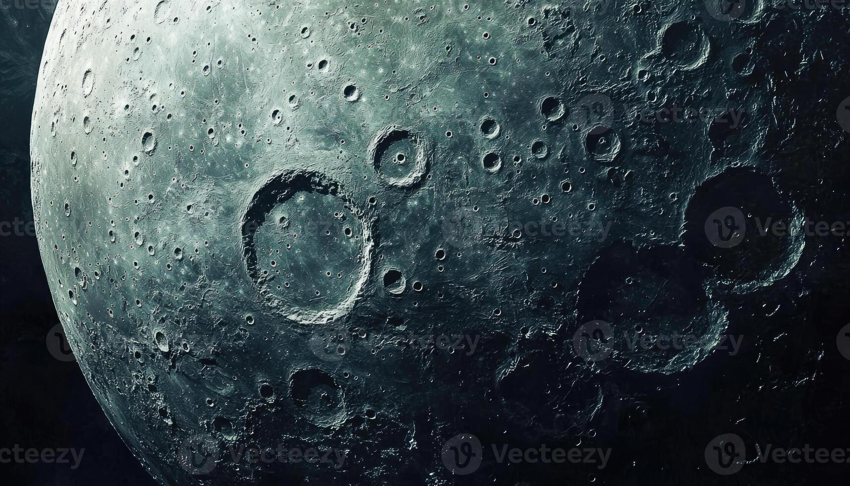 The surface of the moon displaying impact craters and darkness photo