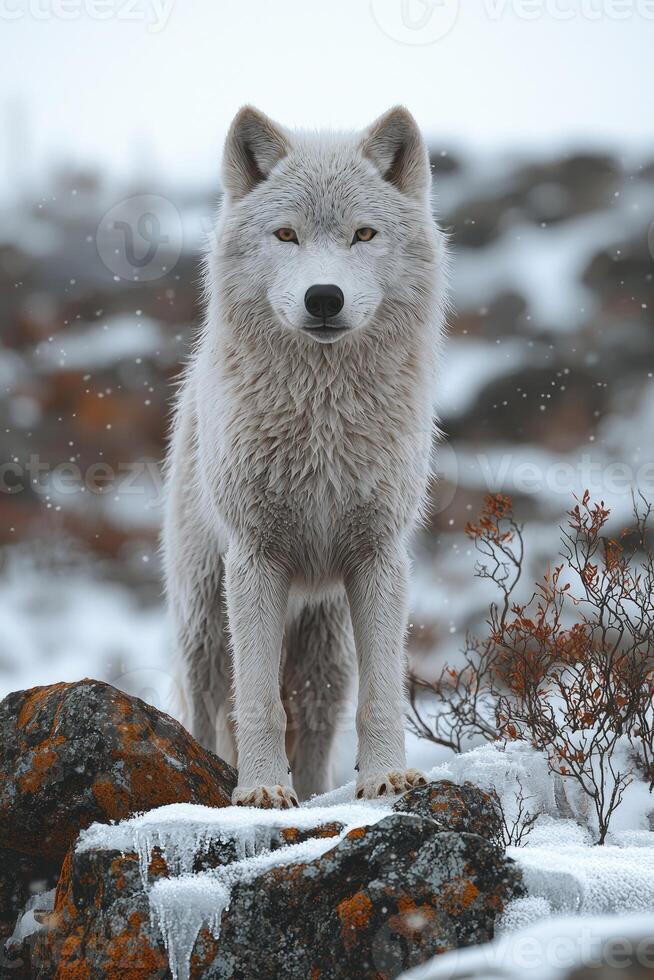 Majestic Arctic Wolf Stand on Snowy Rock photo