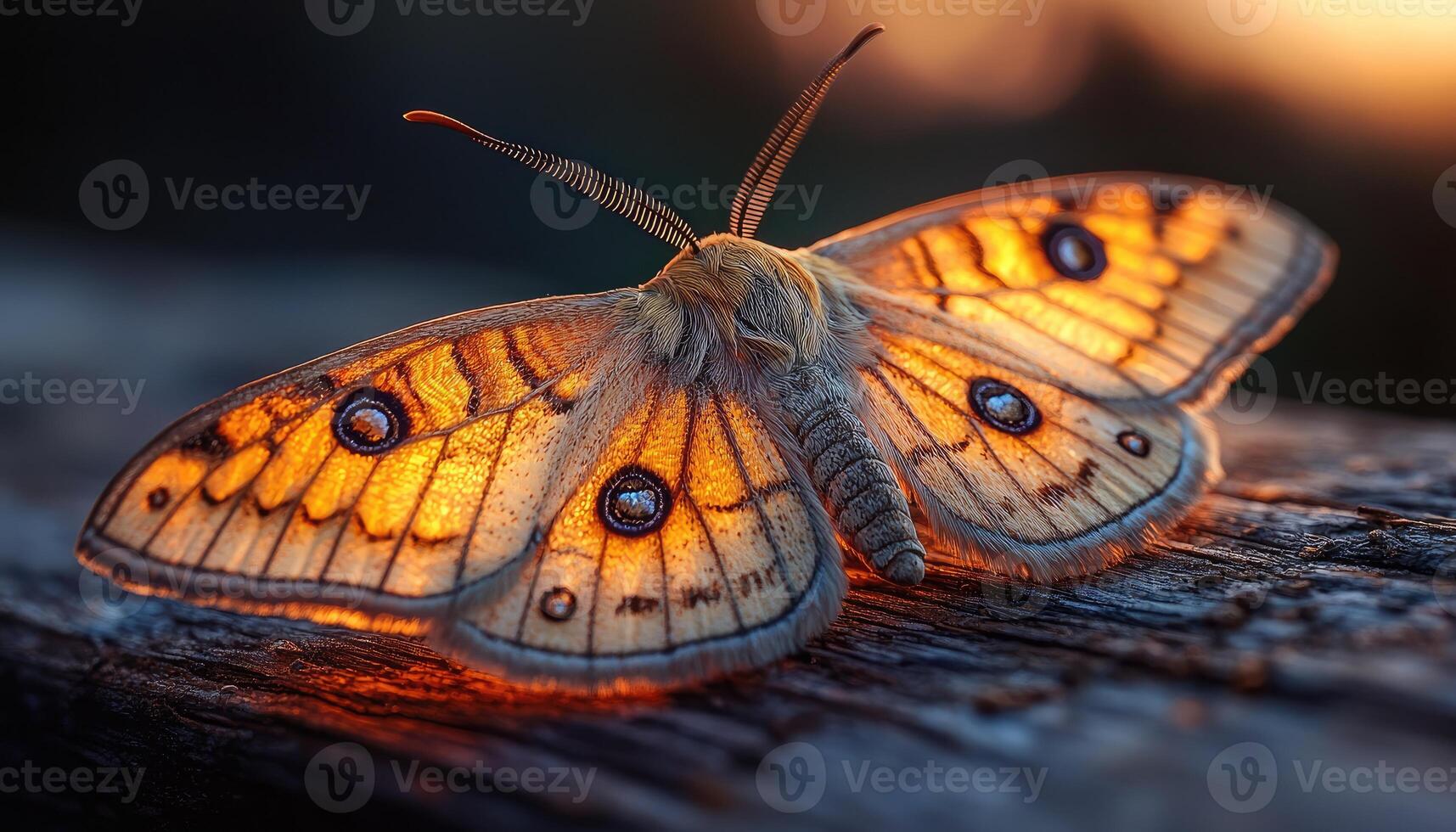 Golden Moth Resting on Dark Wood photo