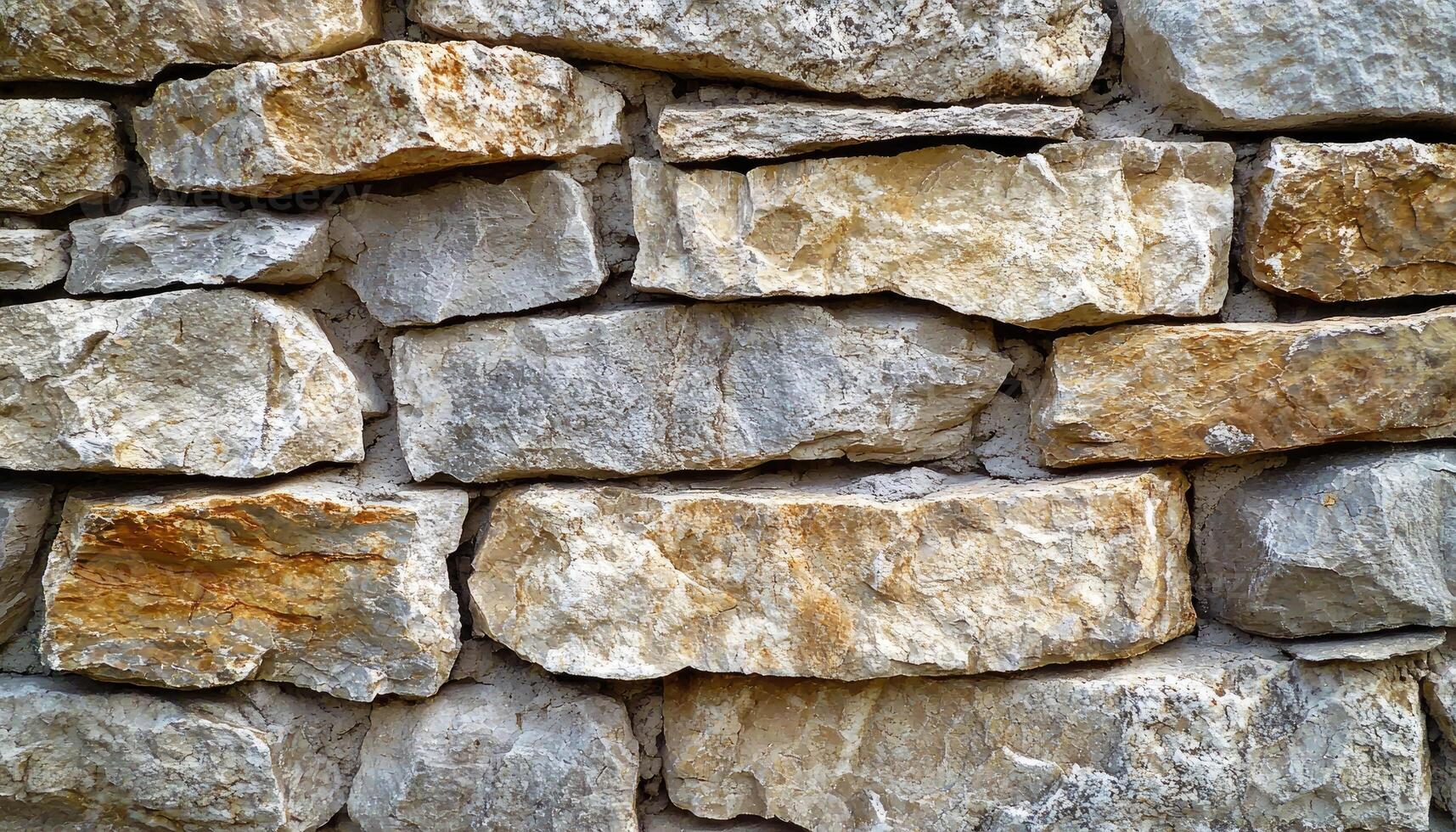 Close up of a layered stone wall with rough textures photo