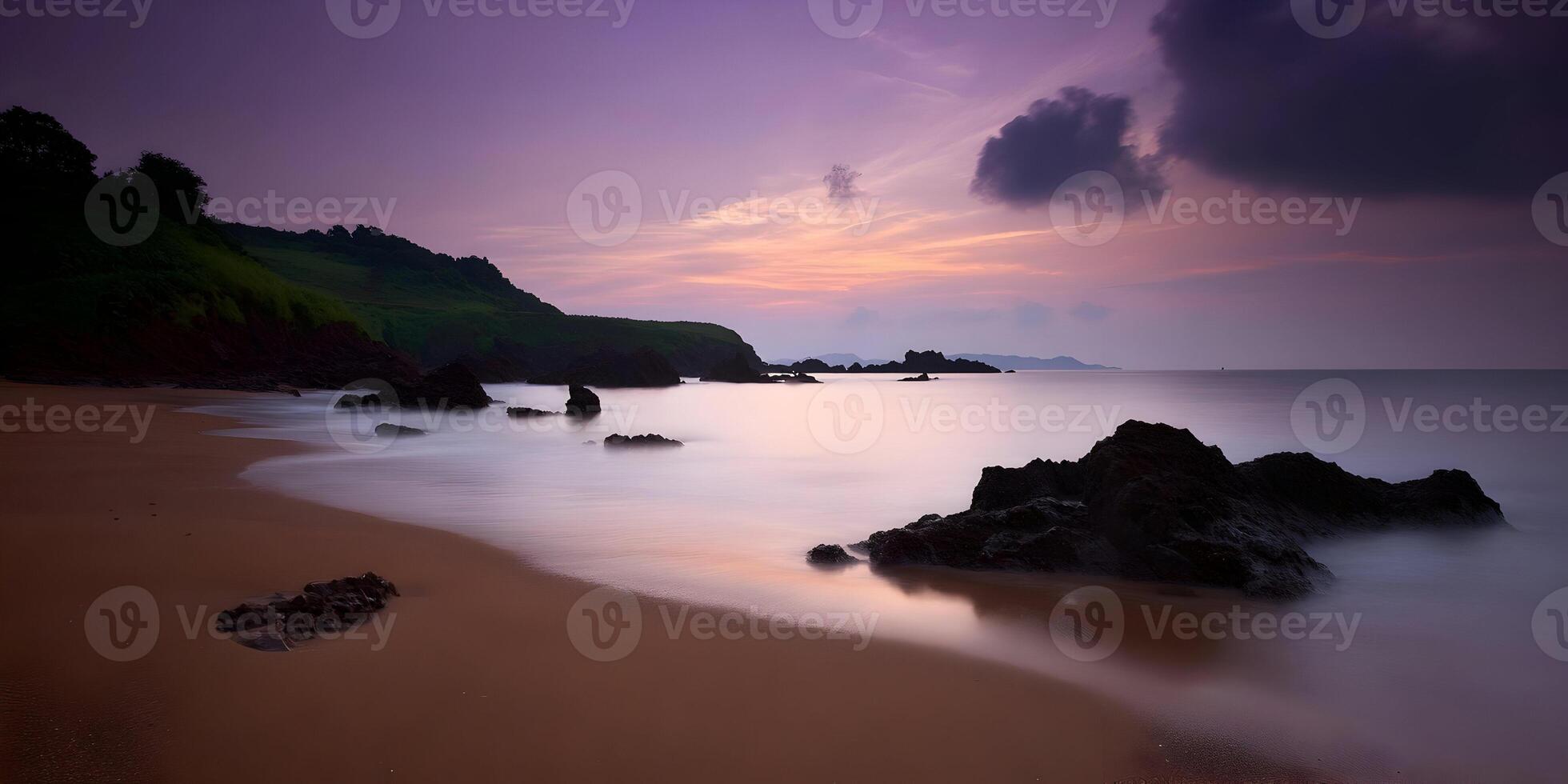 Scenic Seascape Sunrise Coastal Rocks Beach Calm Ocean Purple Sky photo