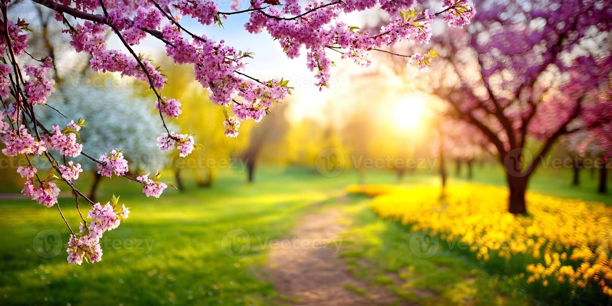 Spring Blossoms Pink Cherry Tree Branches Sunny Park Path Yellow Flowers Landscape photo