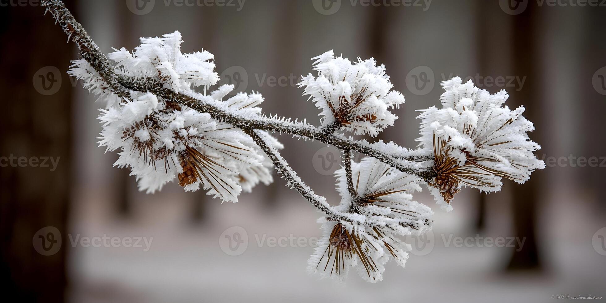 Frozen Pine Branch Winter Frost Closeup Icy Needles photo