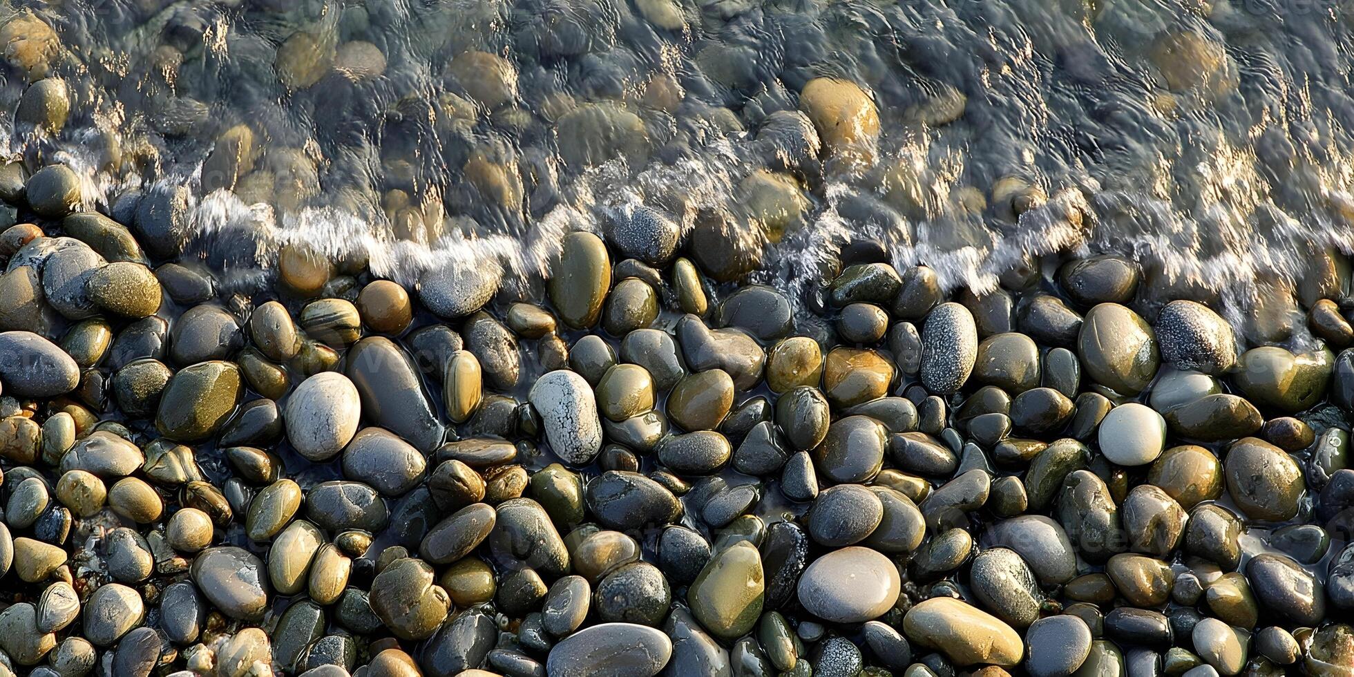 Sea Shore Smooth Stones Wet Pebbles Beach Ocean Water Texture Background photo