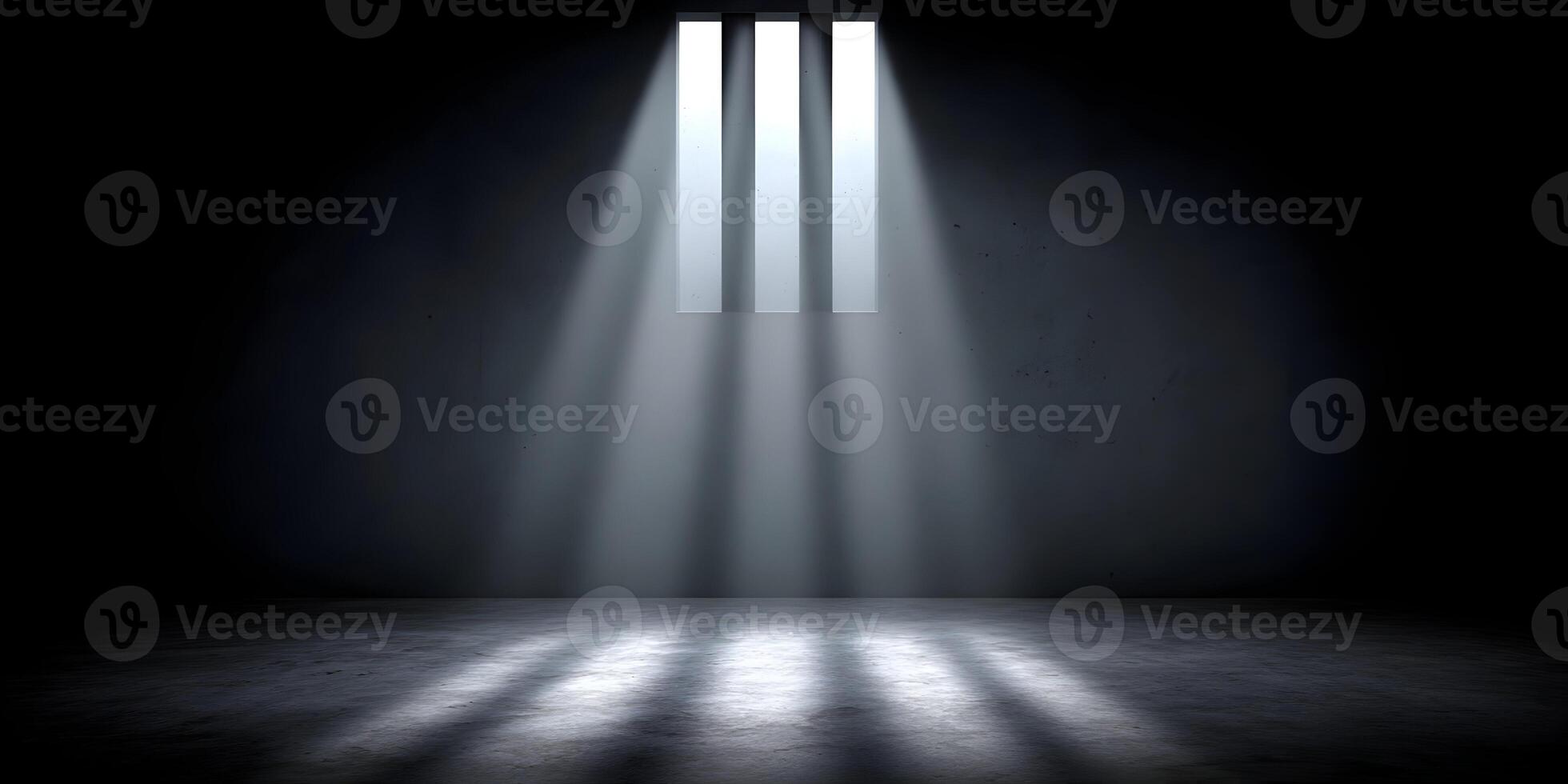 Dark Prison Cell Room with Three Bars Window Light Rays photo