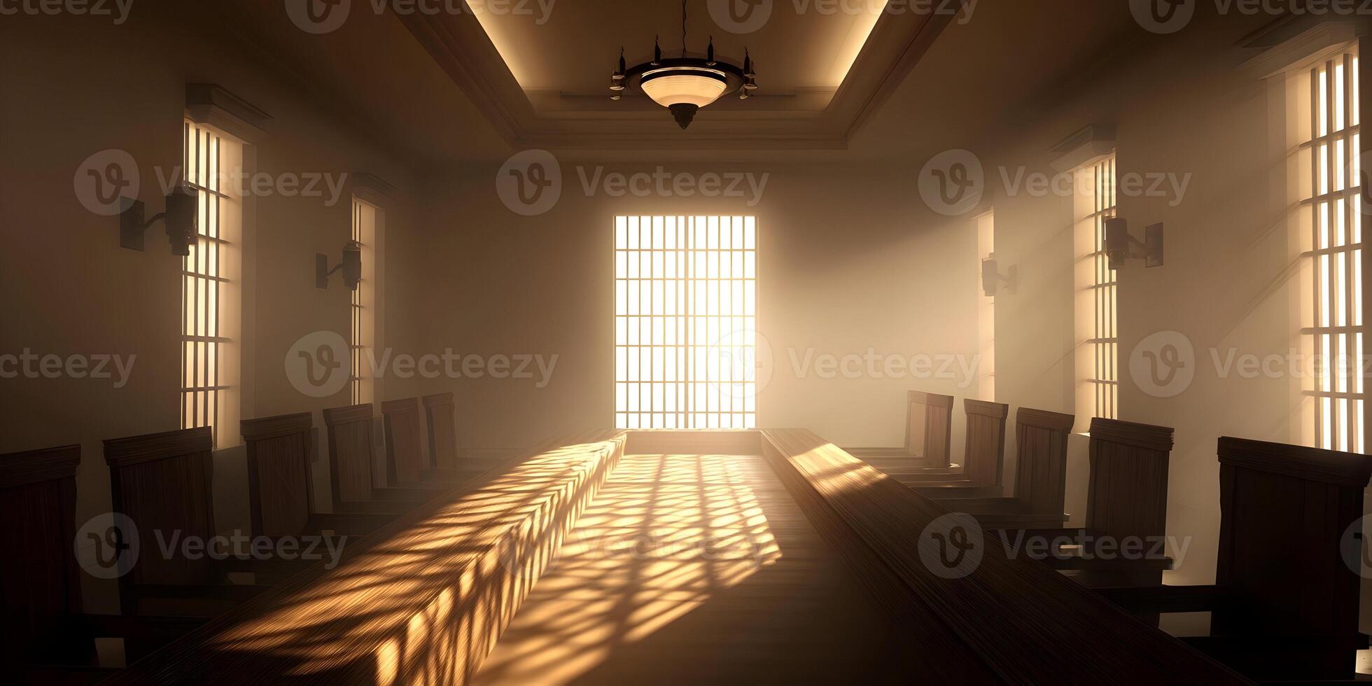 Sunlit Long Wooden Table in Old Room with Windows and Wall Lights photo