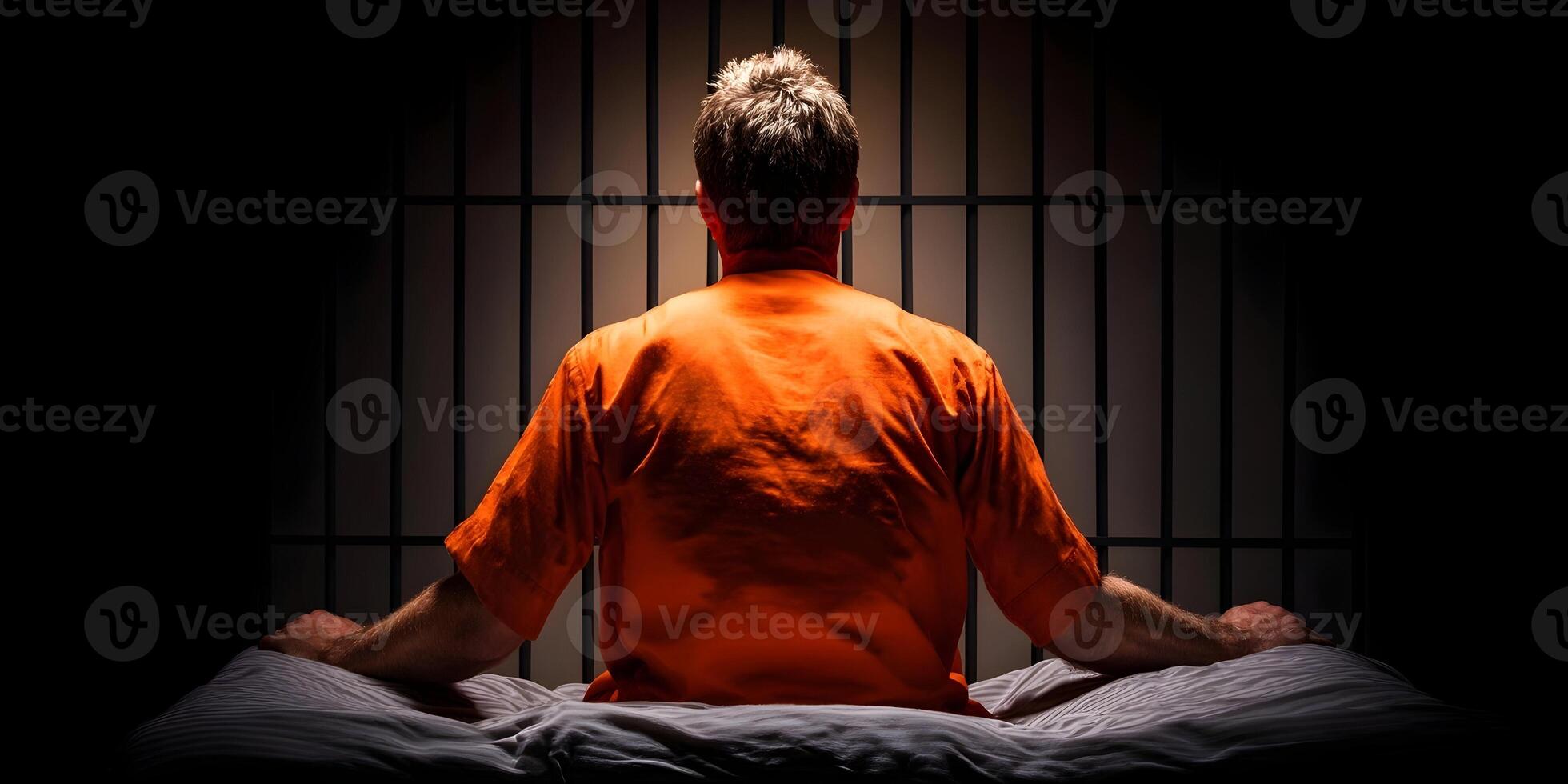 Prisoner in Orange Jumpsuit Sitting on Bed Behind Bars photo