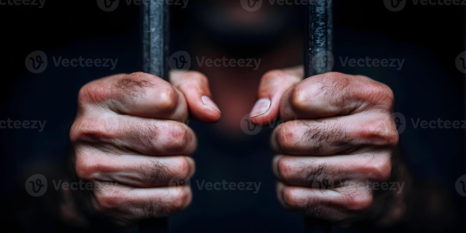 Closeup Man Hands Gripping Prison Bars Dark Background photo
