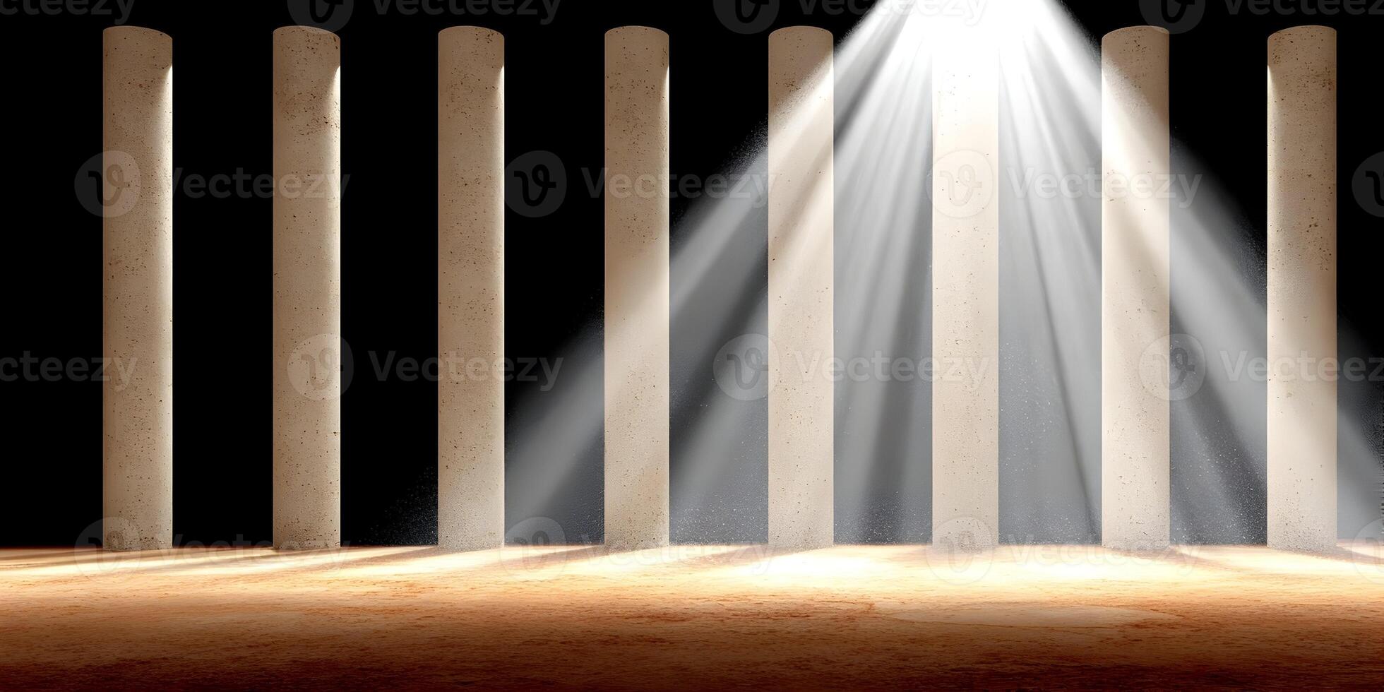 Light Rays Shining Through Columns in Dark Room Abstract Background photo